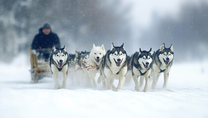 Group of huskies and Malamutes pulling sled through snow in Alaska. Man driving sled appears blurred in background. Snow-covered landscape enhances action and energy. Snowy wild nature Capture scene