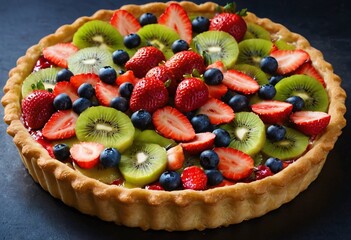 Close-up shot of a vibrant fruit tart with fresh strawberries, blueberries, and kiwi, arranged on a buttery crust, topped with a glaze, against a dark background. Ai generated image.