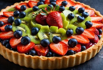 Close-up shot of a vibrant fruit tart with fresh strawberries, blueberries, and kiwi, arranged on a buttery crust, topped with a glaze, against a dark background. Ai generated image.