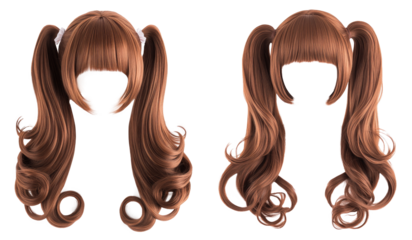 Two anime style women's wigs tied in twin tails with beautiful bangs. transparent background