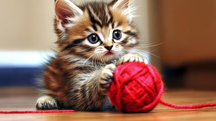 Cute Kitten Playing with Yarn