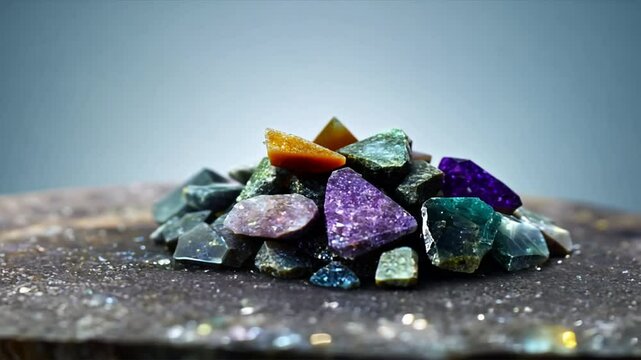 Colorful gemstones and crystals create vibrant display on reflective surface, showcasing their unique shapes and natural beauty in stunning arrangements.
