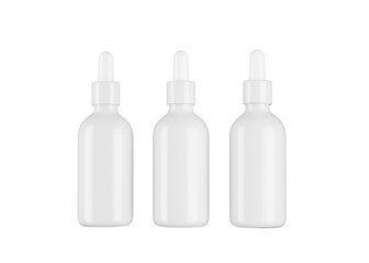 3d Three White Blank Cosmetic Oil Dropper Bottles Isolated On White Background, 3d Illustration

