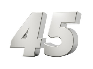 Silver 3d numbers 45 Forty Five. Isolated white background 3d illustration
