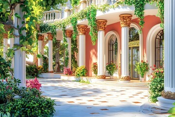 Fototapeta premium red and white luxury cylindrical building with beautiful green plants and flowers and elegant natural paving stones 