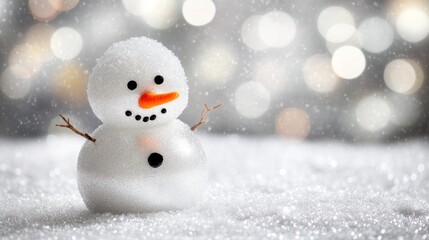 Fototapeta premium A cheerful snowman stands in a snowy landscape with a soft bokeh background.