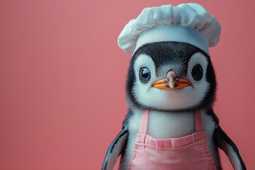 Obraz premium Adorable penguin wearing a chef hat and apron, standing against a pastel pink background, creating a whimsical and playful culinary atmosphere perfect for children's content.