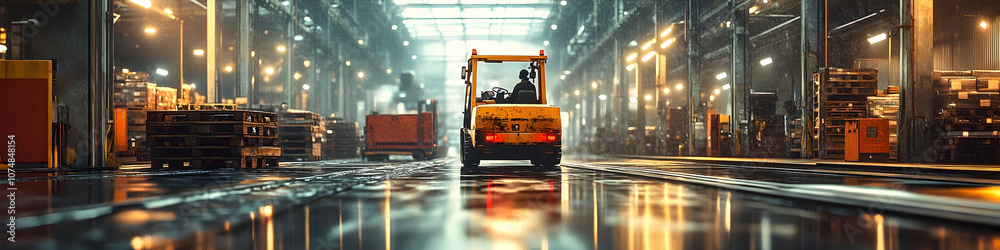 Poster Automated warehouse with a forklift working on the loading dock,loading and unloading cargo and supplies for efficient goods transportation and delivery.