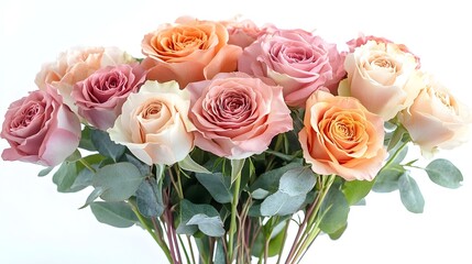Beautiful bouquet of lush,colorful roses in soft pastel shades of pink,peach,and yellow. Elegant floral arrangement with delicate petals,leaves,and stems against a clean white background.