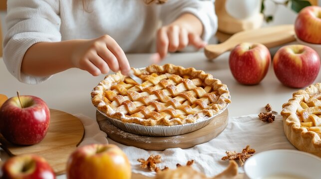Baking an apple pie with fresh apples during autumn in a cozy kitchen while enjoying seasonal flavors and aromas