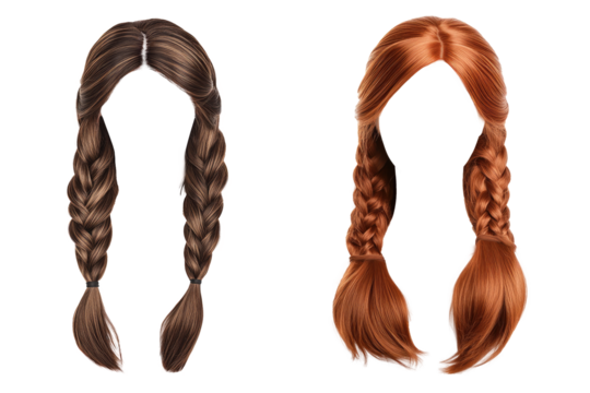 Two very beautiful women's braided wigs in blonde and brown. transparent background