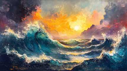 Breathtaking seascape depicting a dramatic,turbulent ocean with towering,churning waves crashing against a rocky coastline under a fiery,moody sunset sky. This powerful.