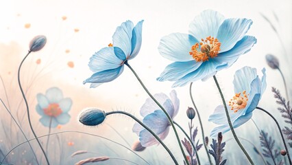Ethereal Blue Poppies, delicate petals, dreamy pastel, golden hour V1