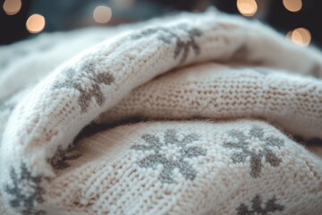 Cozy and inviting close-up of a knitted blanket featuring snowflake patterns. Perfect for winter scenes. Ideal for warmth and comfort themes. Generative AI