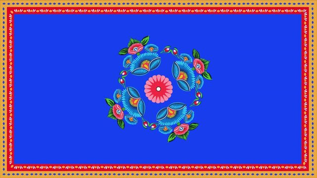 Colorful Rickshaw with a border of flowers painted on a blue background