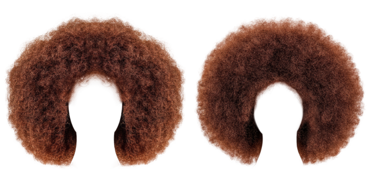Two brown Afro style wigs with a transparent background