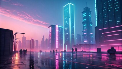 Obraz premium Futuristic Cyberpunk Cityscape, Neon-lit, wet streets, moody vibes V6