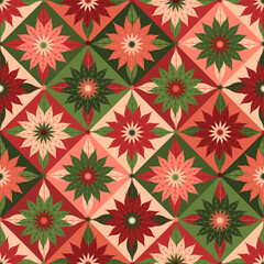 Merry Christmas happy new year  winter holidays seamless pattern  with geometric scandi nordic folk art style poinsettia flowers on diamond checkers in red green beige peach cream colors 