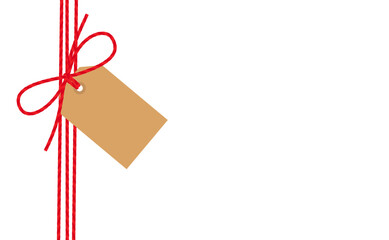 Flat hand-drawn bow, gift tied up with cotton red rope bakers twine and ribbon with blank kraft paper tag. Packing string for present, pastry box for New Year, Christmas.EPS10 on transparent backgroud