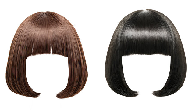 Two beautiful women's classic bob style wigs in black and brown. transparent background