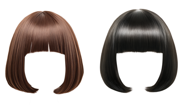 Two beautiful women's classic bob style wigs in black and brown. transparent background