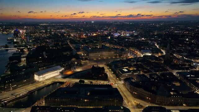 Aerial drone view of Knippel bascule bridge in Copenhagen, Denmark at night