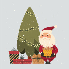 Santa Claus with gifts on a Christmas background. Vector illustration. Happy New Year and Merry Christmas.Vector illustration.