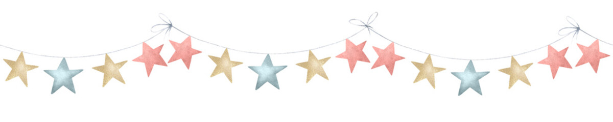 Festive garland with star shape flags for decoration in red, blue, beige colors. Hand drawn watercolor isolated seamless border for greeting cards, festive packaging, textile, banners and designs. © Lehona ART