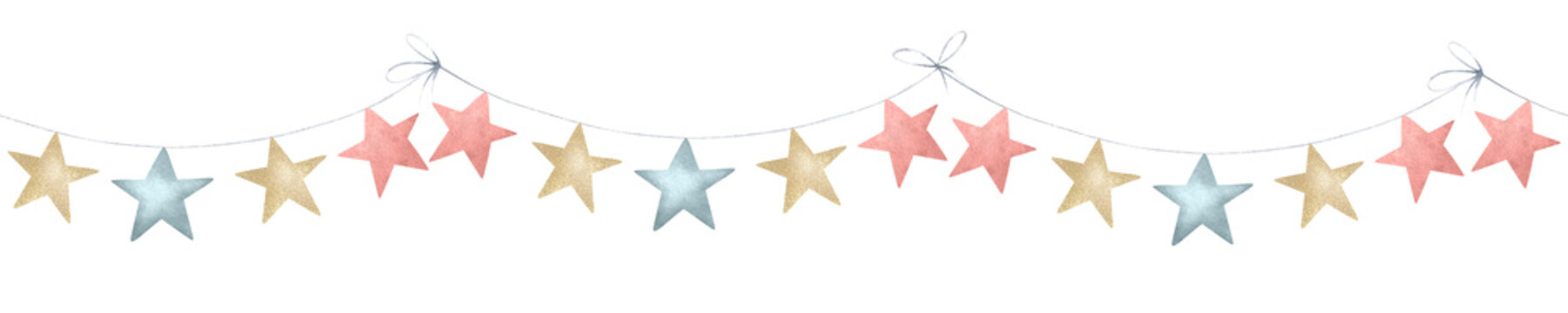 Festive garland with star shape flags for decoration in red, blue, beige colors. Hand drawn watercolor isolated seamless border for greeting cards, festive packaging, textile, banners and designs.