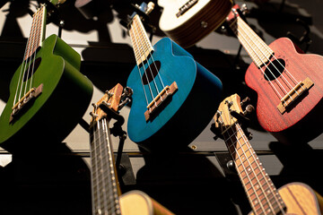 Musical instrument shop, colorful guitars