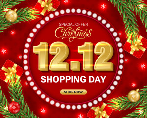 12.12 Shopping Day background with Christmas branch, balls, snowflakes. For sale, banner, posters, cover design templates, social media wallpaper stories. 2025 Christmas concept