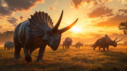 A herd of majestic triceratops roam the lush prehistoric landscape. They bask in the golden light of the sunset. Witness this stunning moment in time. Generative AI
