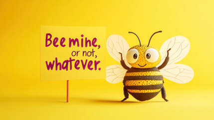 Playful valentine's day card design with cartoon bee on yellow background