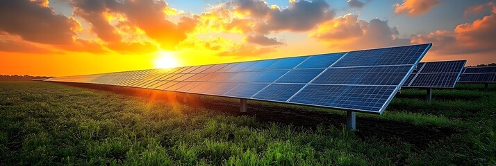 Solar power panels generating clean,renewable electricity in a rural,pastoral landscape at sunrise or sunset. Concept of sustainable,eco-friendly energy production in a natural environment.