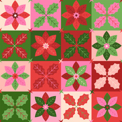 Merry Christmas happy new year  winter holidays seamless pattern  with geometric scandinavian nordic folk art style poinsettia flowers and holly leaves in colorful green pink  red cream checkers © VecTerrain