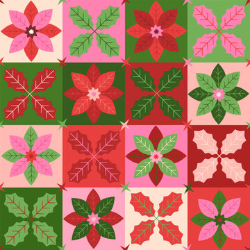 Merry Christmas happy new year  winter holidays seamless pattern  with geometric scandinavian nordic folk art style poinsettia flowers and holly leaves in colorful green pink  red cream checkers