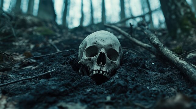 Human skull found in forest. Person remains buried in woodland thicket. Concept of murder and hiding of victim's body. Dangerous wood. Mystery and intrigue. Detective investigation. True crime story.