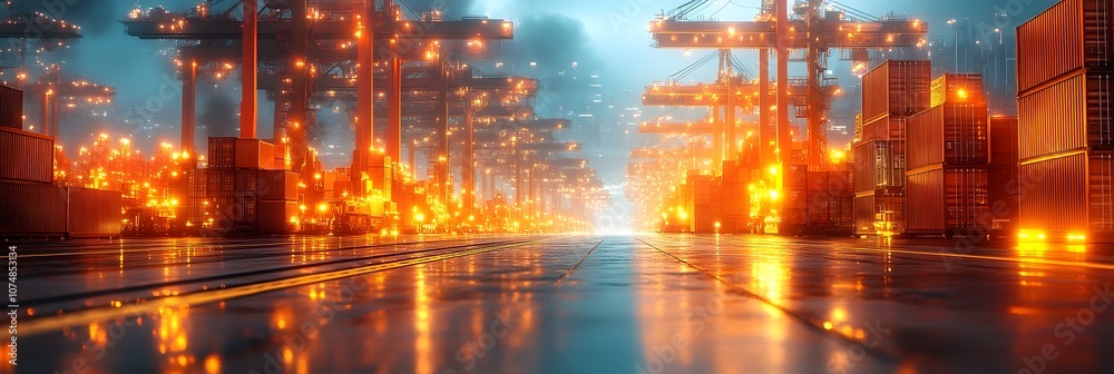 Poster dramatic nighttime scene of a bustling cargo port illuminated with vibrant lights,showing rows of st