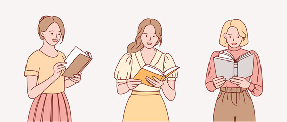 The girl is holding a book. Female student studying and preparing for exams. Hand drawn illustration.