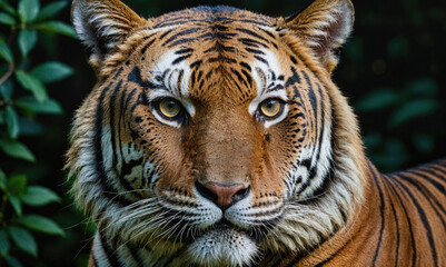 Fototapeta premium A tiger stares intently into the camera, its orange and black stripes blending with the foliage behind it