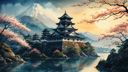 Obraz premium A serene Japanese castle surrounded by cherry blossoms, with Mount Fuji in the background, evoking tranquility and cultural beauty