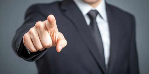 Obraz premium A businessman in a suit pointing, conveying authority and leadership in an office setting.