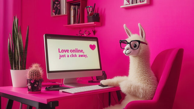 Funny valentine's day digital love concept with geeky llama at computer desk