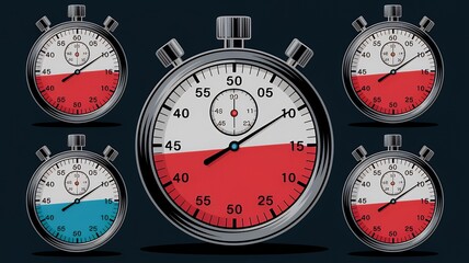 Naklejka premium A set of illustrated stopwatches in digital art style, each displaying different countdown times ranging from 0 to 60 seconds