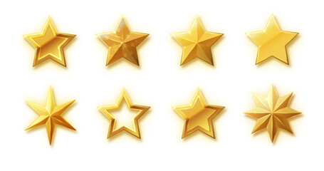 Vector stars set of realistic metallic golden stars isolated on white background. Glossy yellow 3D trophy star icon.