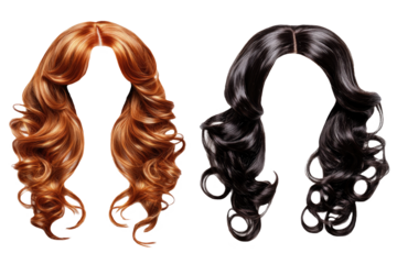 Two curls style wigs in black and blonde. Beautiful women's wigs. transparent background
