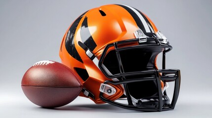 American Football Helmet and Ball on Gray Background