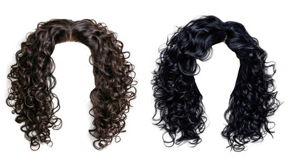 Two curly style wigs in black and brown. Beautiful women's wigs. transparent background