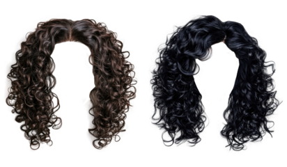 Two curly style wigs in black and brown. Beautiful women's wigs. transparent background