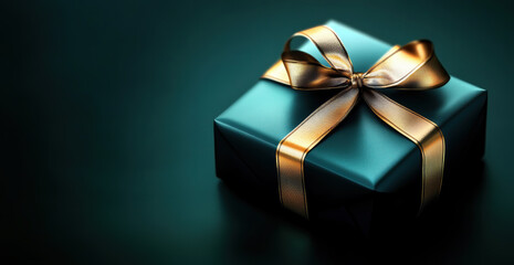 Green gift box adorned with golden ribbon bow for christmas or birthday celebration